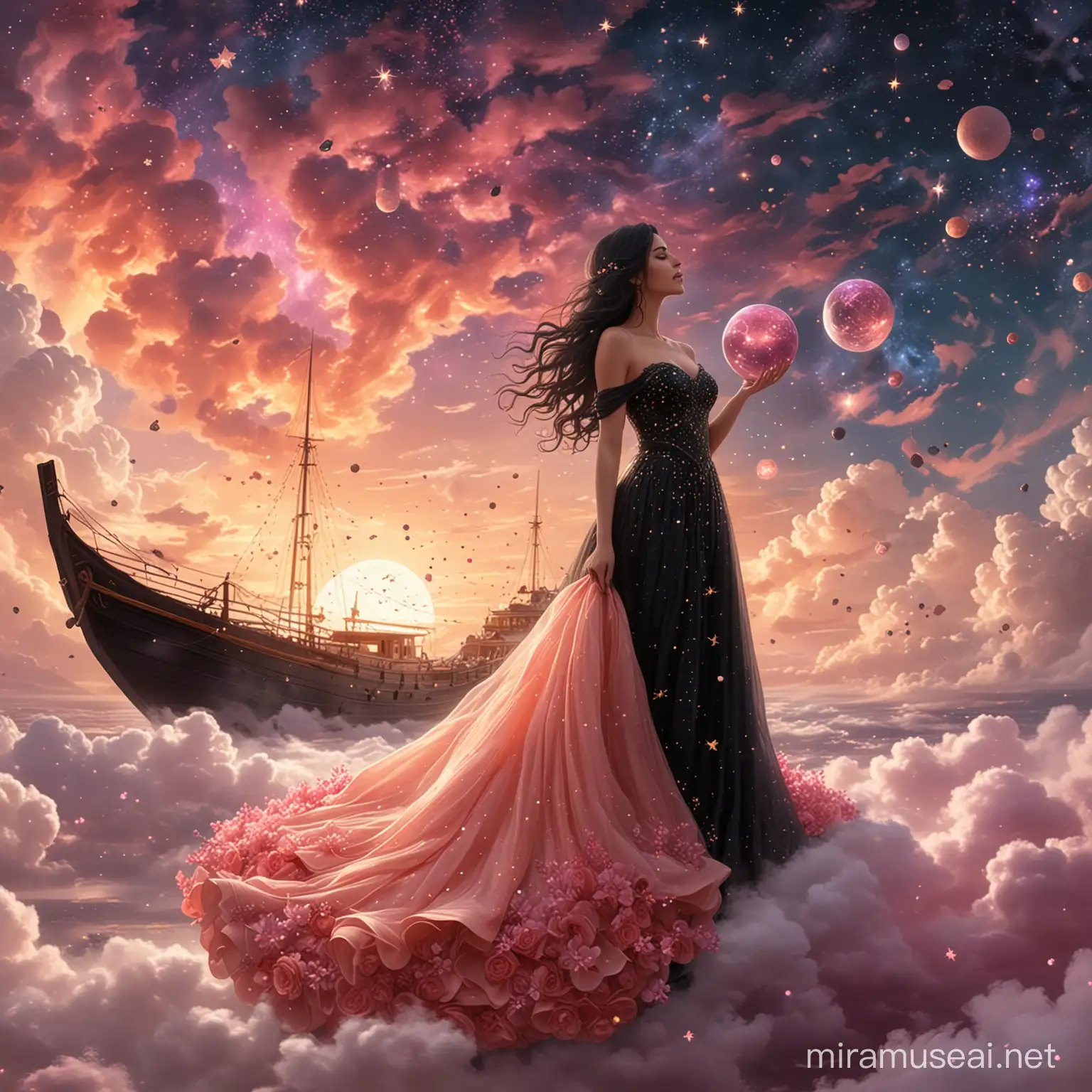 A beautiful woman, standing up on a cloud, collecting stars, surrounded by small dark pink and beige flowers. Long wavy black hair. Elegant long salmon and black wedding dress, haute couture. Background nebula sky with golden light. Background constellation map. Background a beautiful boat. Background a big transparent ball. 8k, fantasy, illustration, digital art, illustration art, fantasy art, fantasy style
