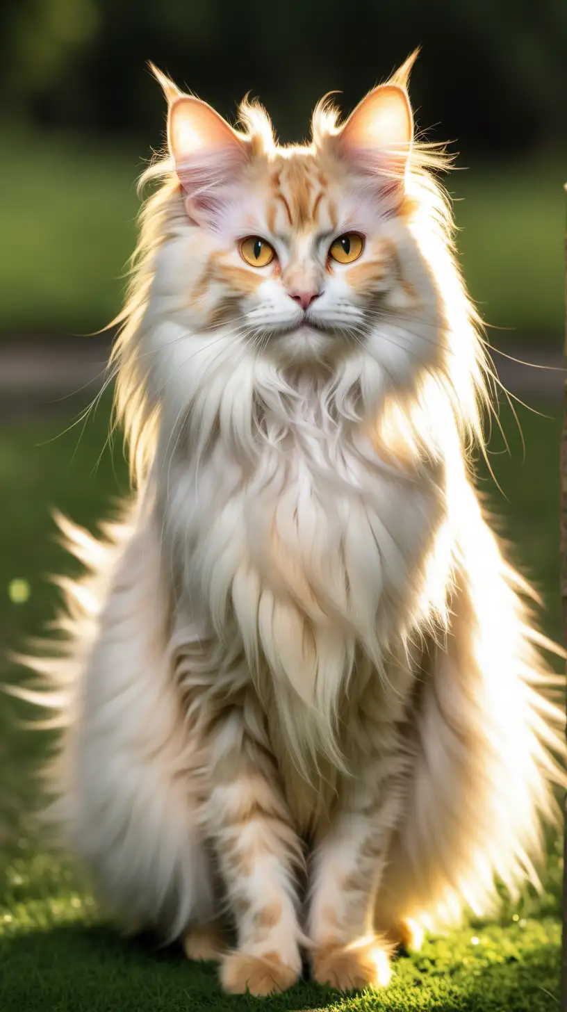 This long-crested yellow Angora cat is very beautiful. playing in the park in the morning dew