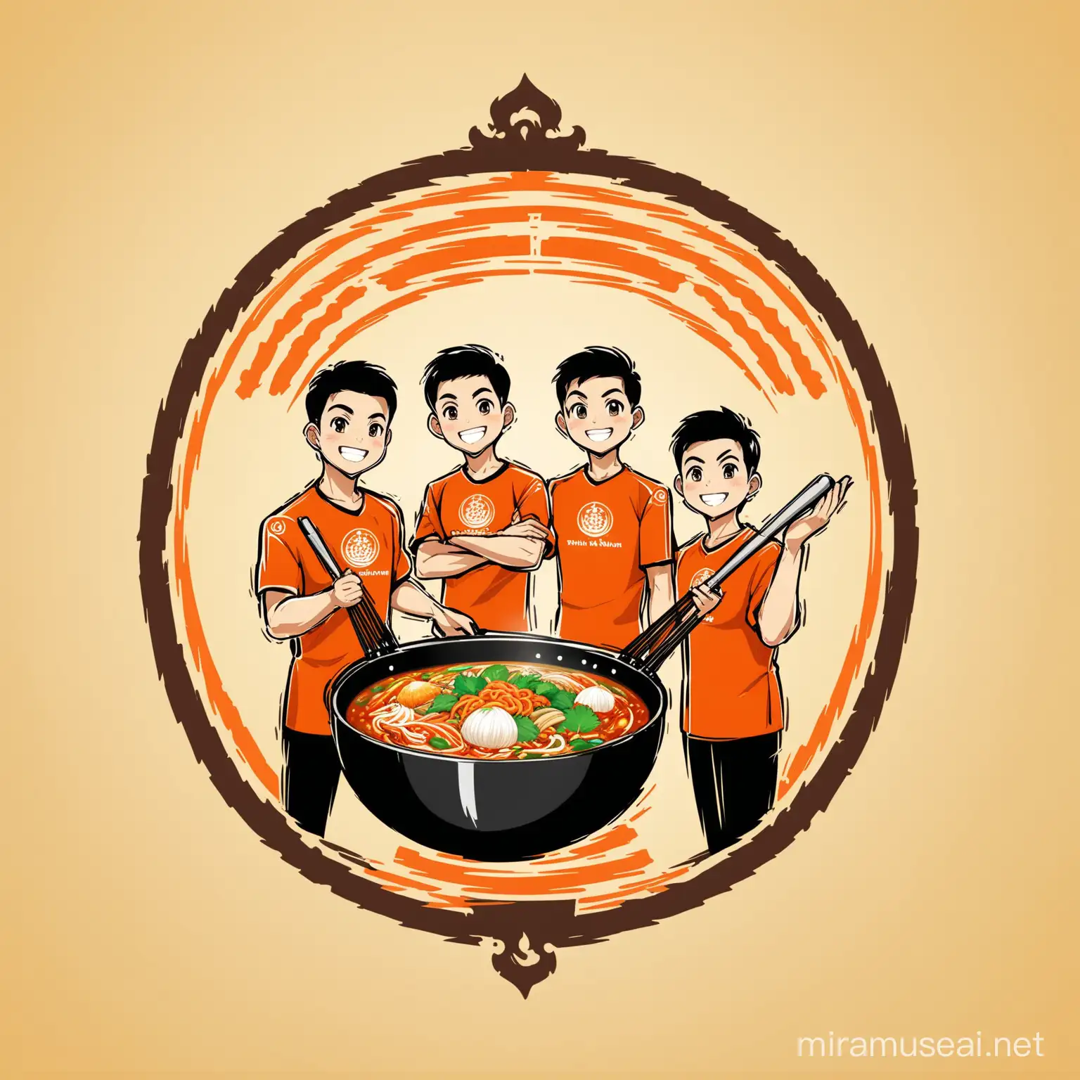 Thai Cuisine Business Logo Four Chefs Holding a Wok