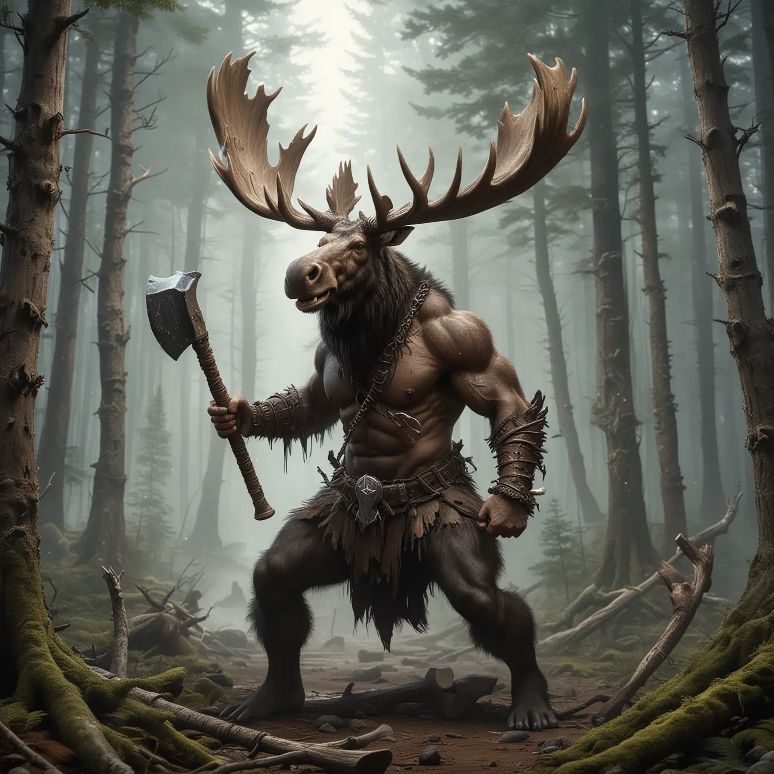 a barbarian moose with a human body swinging an axe on a fantasy forest