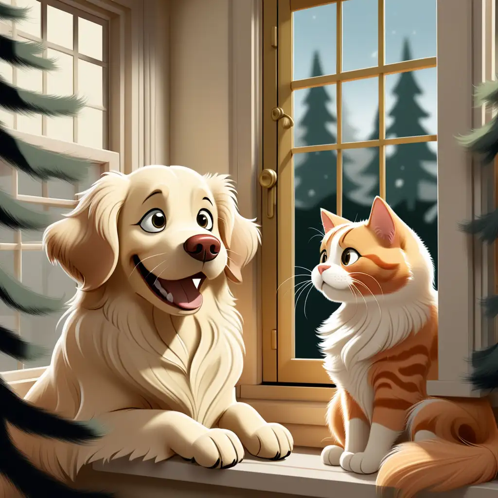 A cartoon illustration of a happy cream colored golden retriever next to a fluffy happy calico cat with long whiskers looking out the window from inside a house. Evergreen tree next to the house. 