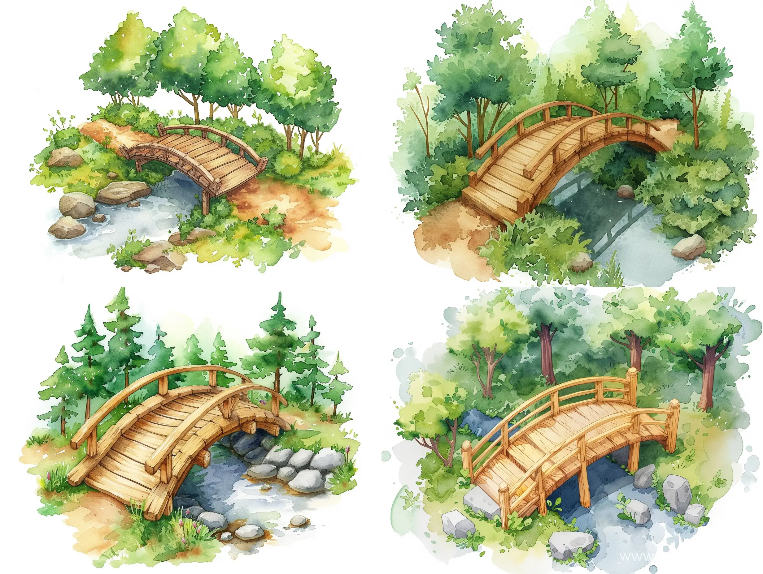 маленький деревянный мостик дугой через ручей в лесу техника акварель в изометрии вокруг лес