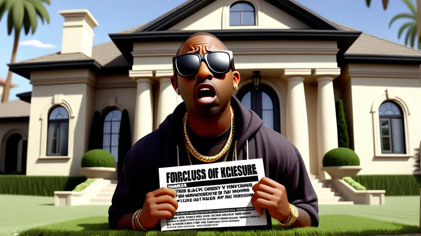 Generate a promo image for a comedy TV show about a black rapper wearing shades shocked about being kicked out of his extravagant mansion with a foreclosure sign stuck in the grass.
