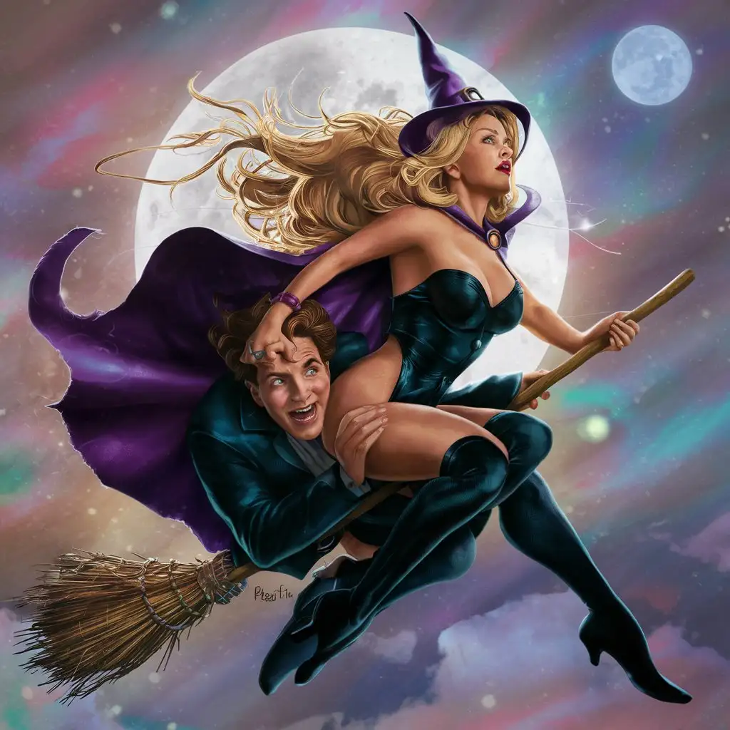 blonde sexy woman witch flies her broomstick across the sky with a handsome brunette man behind her