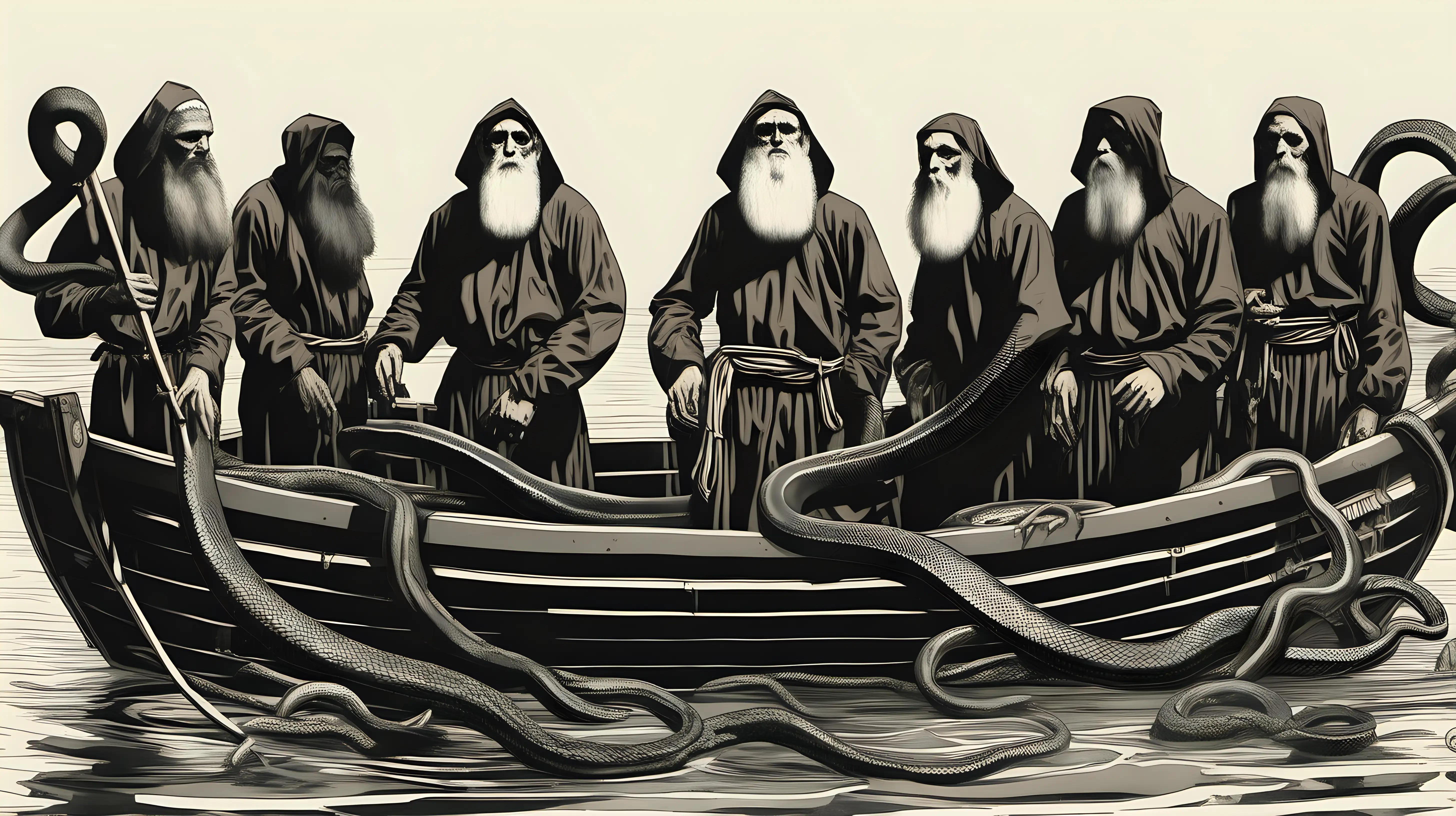 16th Century Capuchin Monks Swimming with Snakes in Amazon River Theodore the Bry Style