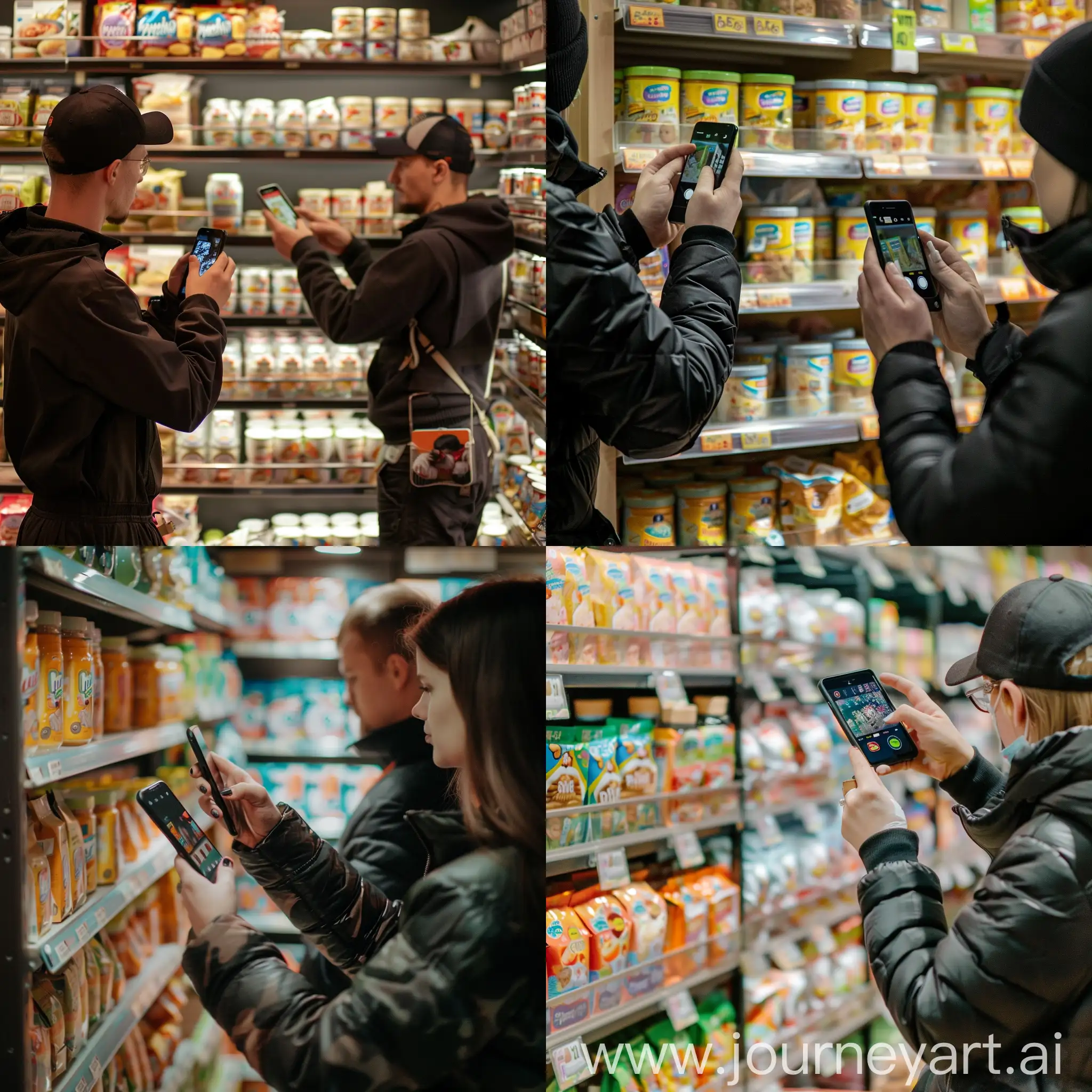 два продавца магазина пятерочка с телефонами в руках фотографируют полку с детским питанием в стиле киберпанк