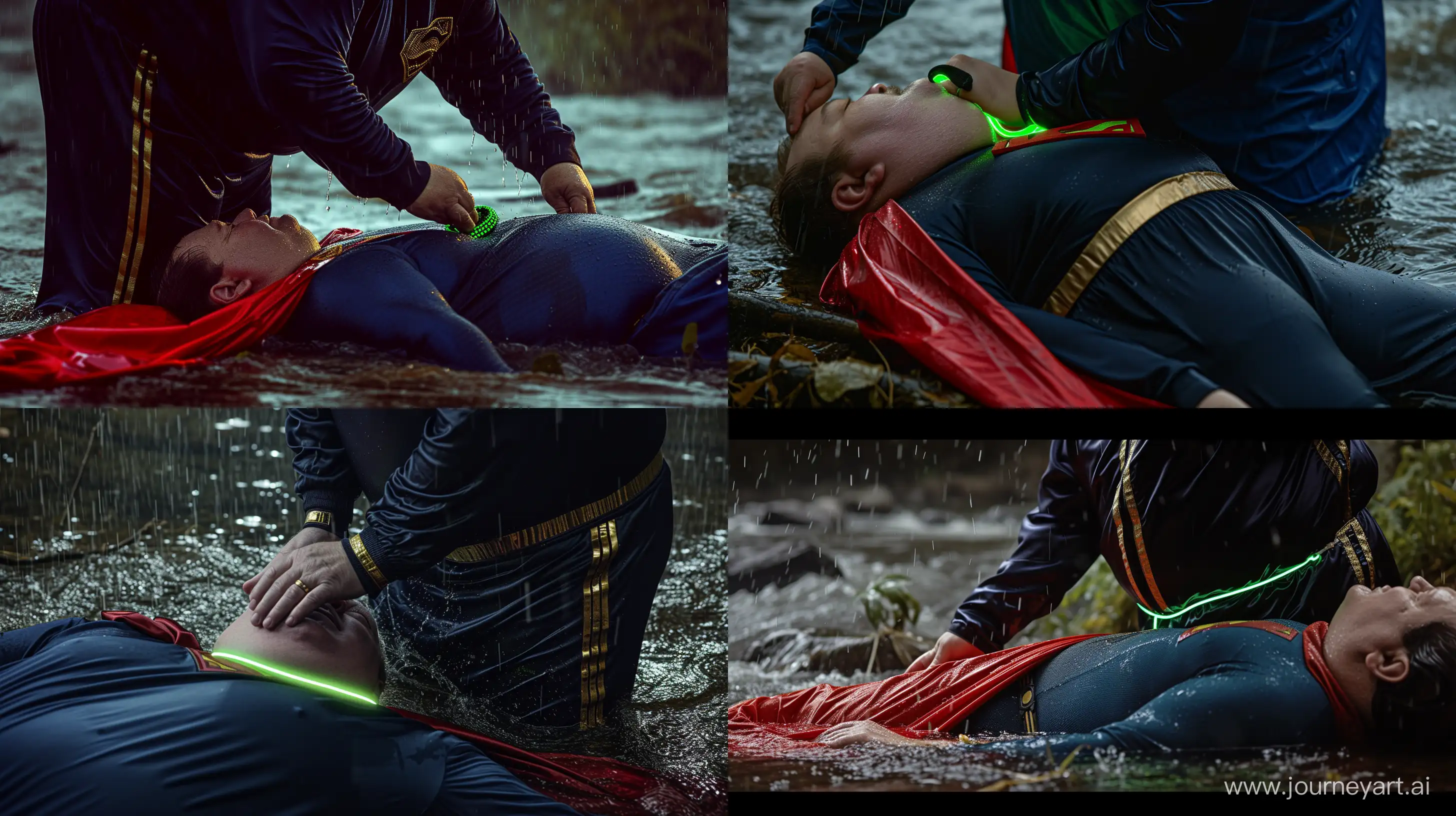 Close-up photo of a fat man aged 60 wearing a navy silk black tracksuit with a golden stripe on the pants. He is tightening a tight green glowing neon dog collar on the neck of a fat man aged 60 wearing a tight blue 1978 smooth superman costume with a red cape lying in the rain. Natural Light. River. --style raw --ar 16:9