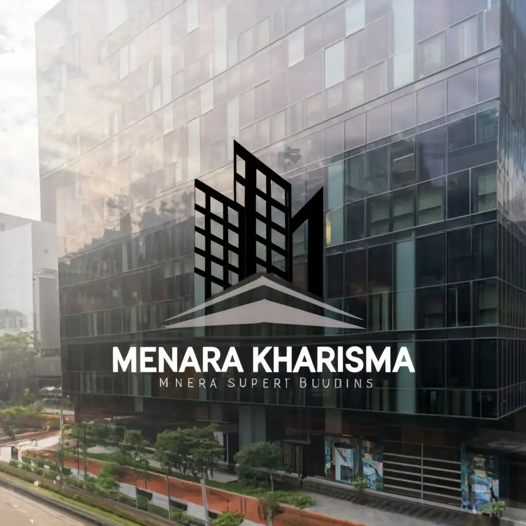 a logo design,with the text "Menara Kharisma", main symbol:silhouette of superblock building with wide podium and two high towers,Minimalistic,be used in Real Estate industry,clear background