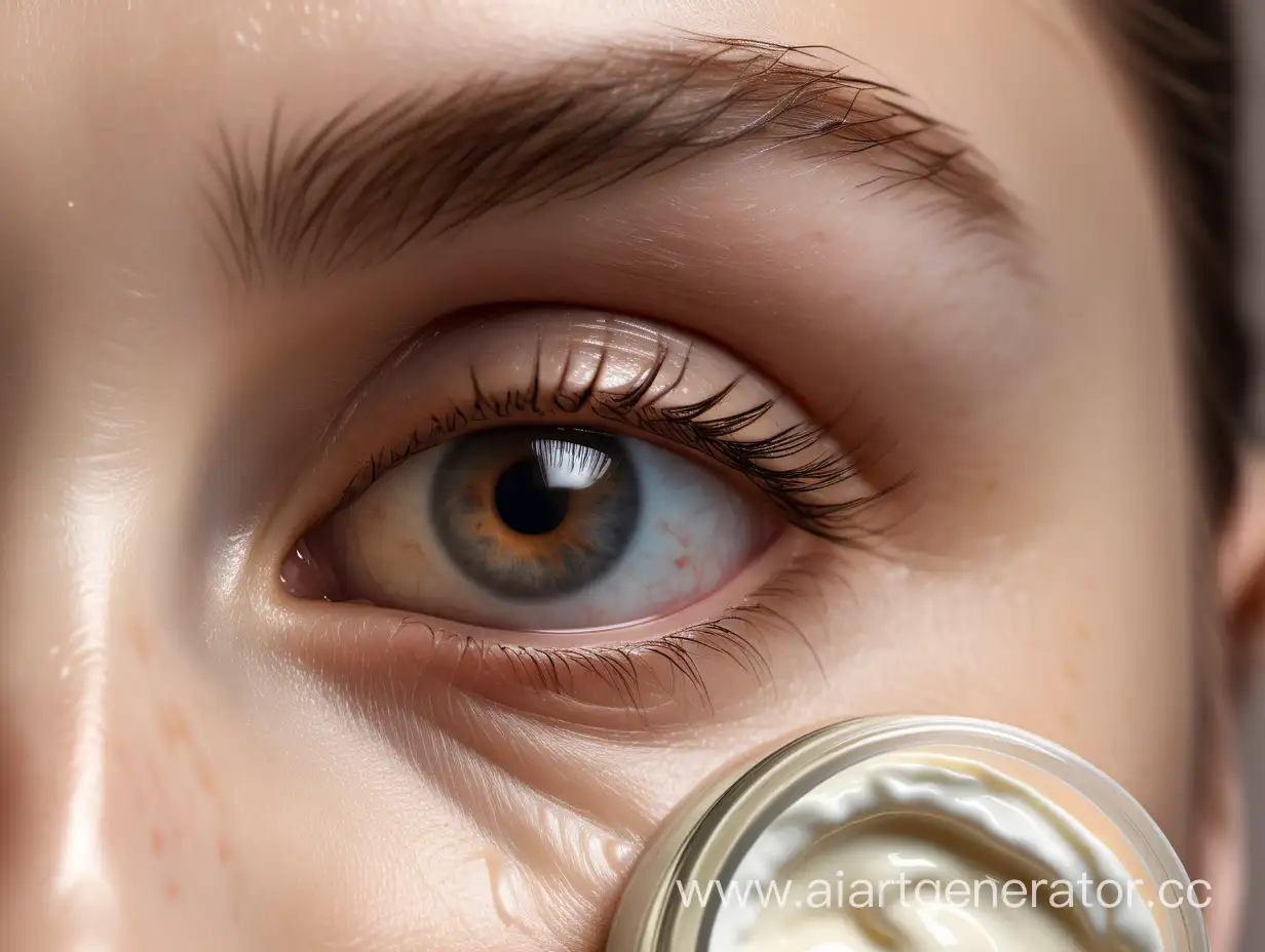глаз человека, под нижним веком три белые точки крема , видно брови, кожа вокруг глаза гладкая. На переднем плане стоит баночка с кремом. детализированное реалистичное фото