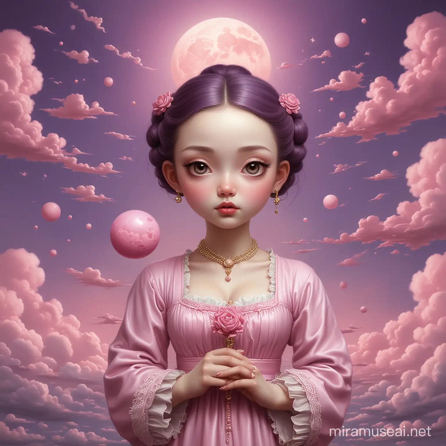 The painting of a prostitute has a bright moon in her hand.  Purple sky background with white, pink clouds, high detail Mark Ryden, Mark Ryden style, Mark Ryden style, Yoshitomo Nara, Mark Ryden style, inspired by Mark Ryden, Japanese pop surrealism, by Mark Ryden, Japanese pop surrealism  , art by Jana Brick, by Jason Trauca, Low Pop Surrealism