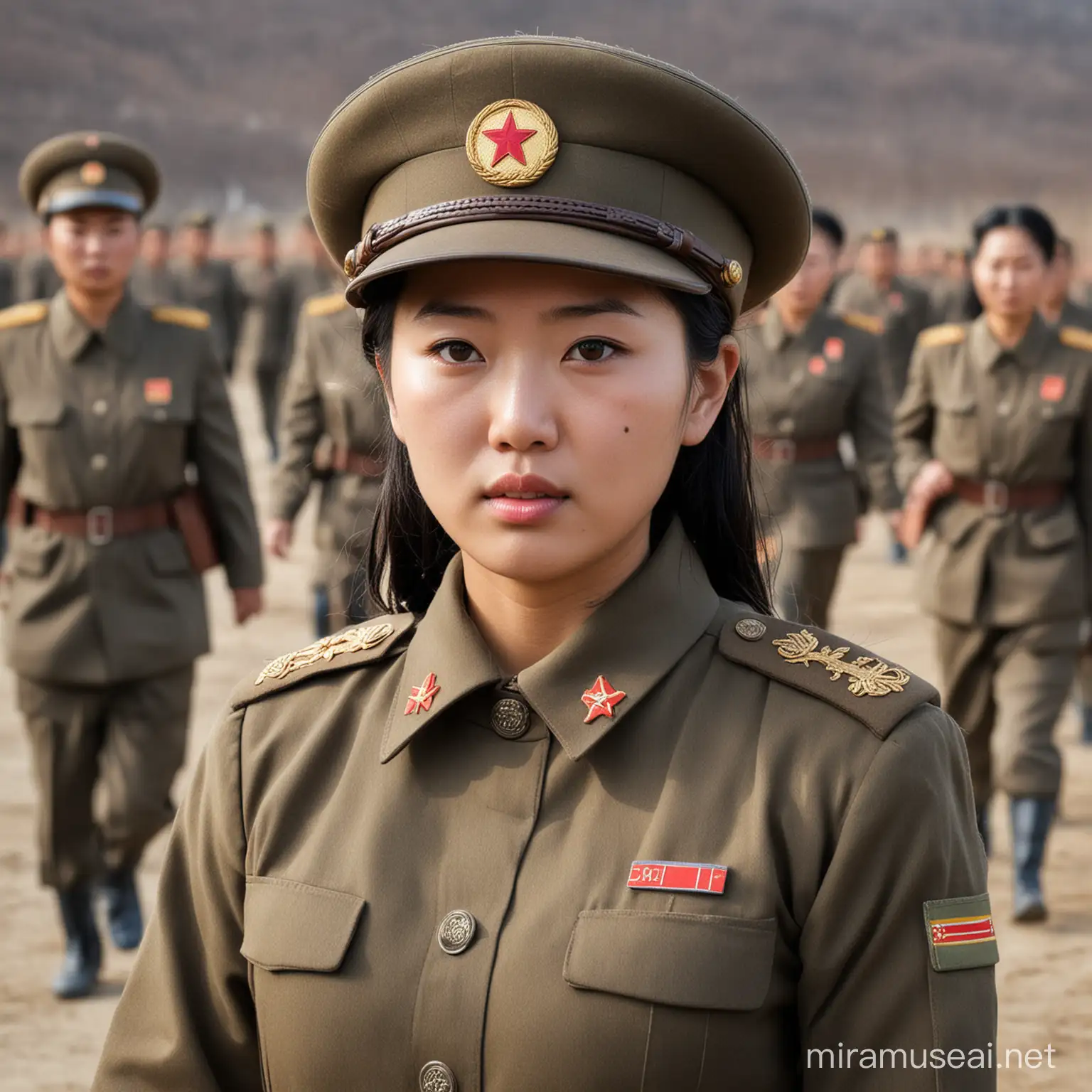 Femme soldat nord coréenne au milieu de la guerre
