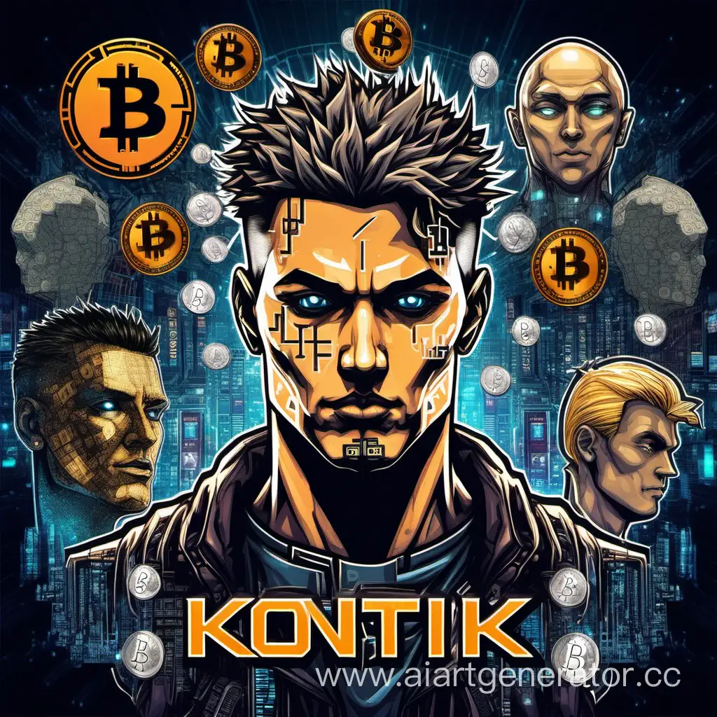 Мужское лицо в стиле киберпанк, окруженное логотипами биткоин и эфириум. Снизу надпись KontiK