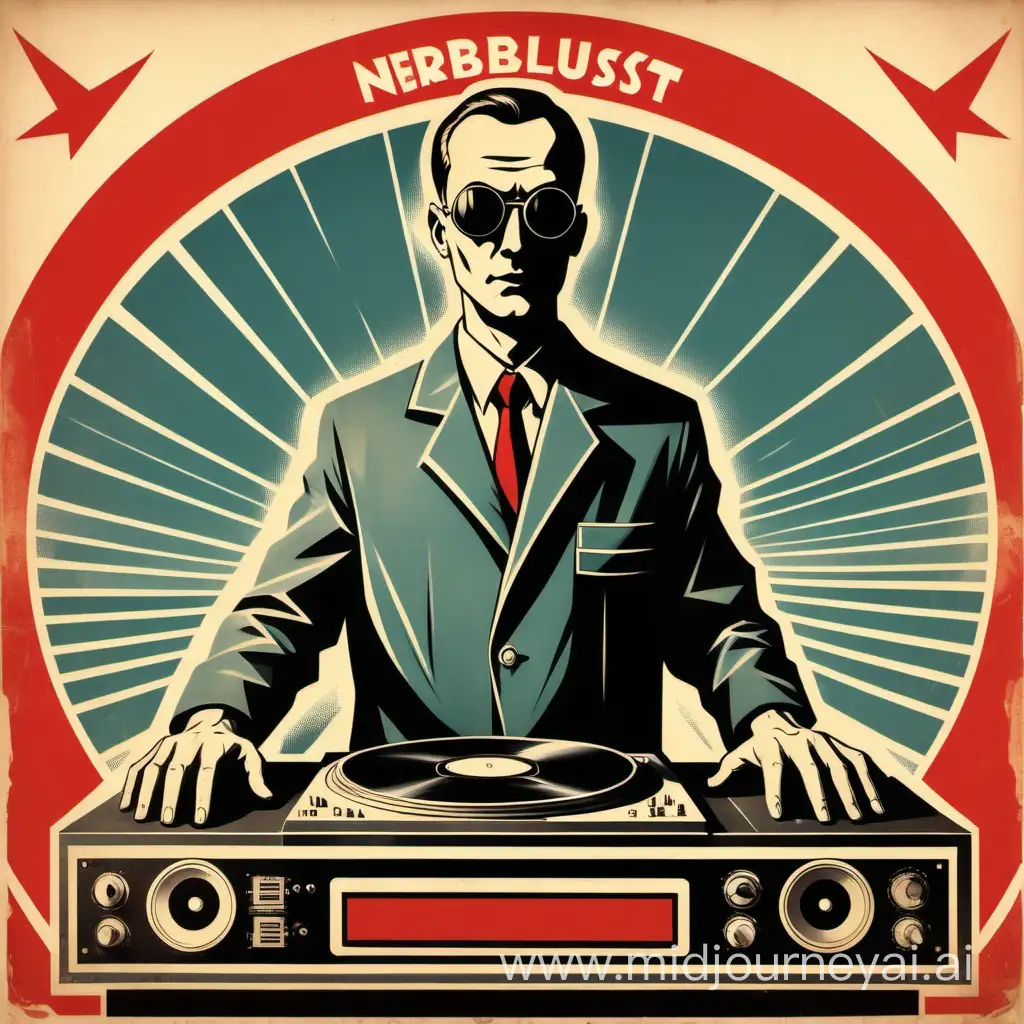 faceless man with a sound system in the style of a 1950s soviet propaganda poster with the word “Nebulust” prominent and “Manifesto” less prominently and in the dimensions of a vinyl album cover