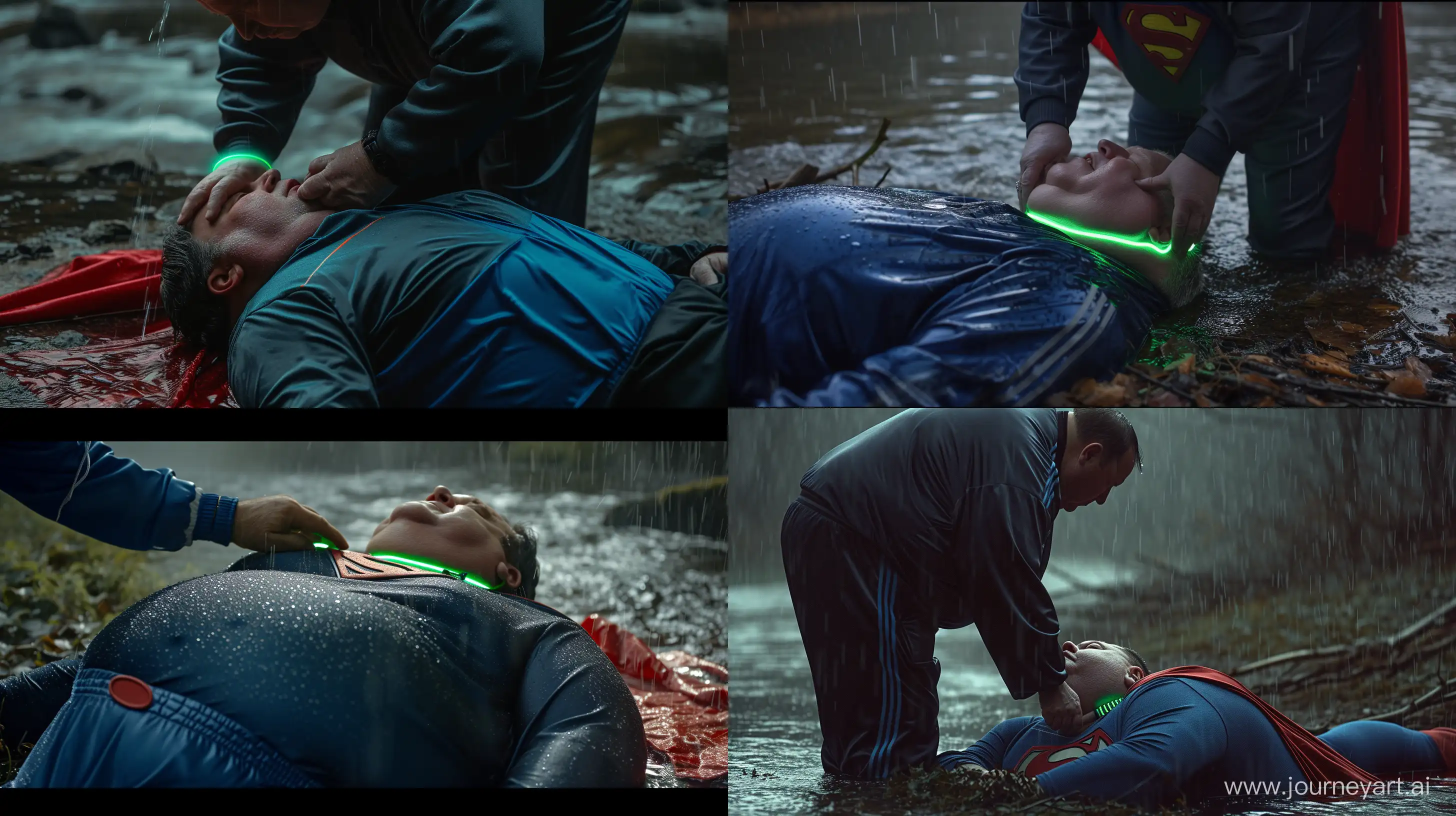 Close-up photo of a fat man aged 60 wearing a navy silk dark grey tracksuit with a blue stripe on the pants. He is tightening a tight green glowing neon dog collar on the neck of a fat man aged 60 wearing a tight blue 1978 smooth superman costume with a red cape lying in the rain. Natural Light. River. --style raw --ar 16:9
