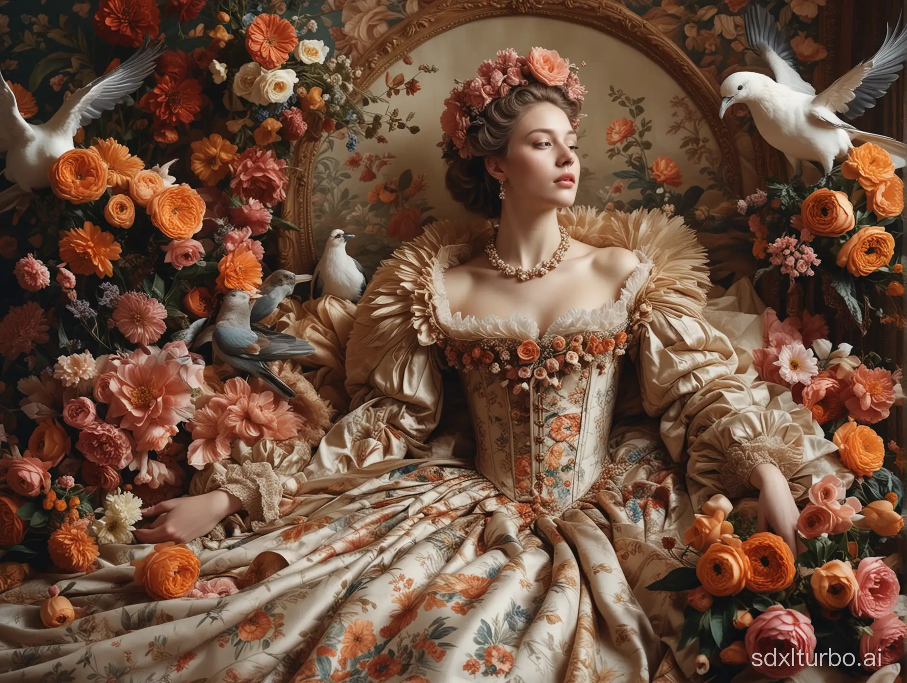 a beautiful and intricate image that seems to blend elements of classical art with a modern, almost surreal aesthetic. The central figure appears to be a woman, styled in a way reminiscent of the European Renaissance or Baroque periods, reclining with a serene, almost otherworldly expression. Her clothing and the ruff collar enhance this historical impression. Surrounding her are oversized flowers and a couple of birds in mid-flight, which add a touch of natural beauty and vitality. The colors are rich and earthy, and the level of detail in the textures, from the floral patterns on the fabric to the individual petals and feathers, is quite remarkable. This composition feels both timeless and contemporary, inviting viewers into a moment of tranquil beauty.