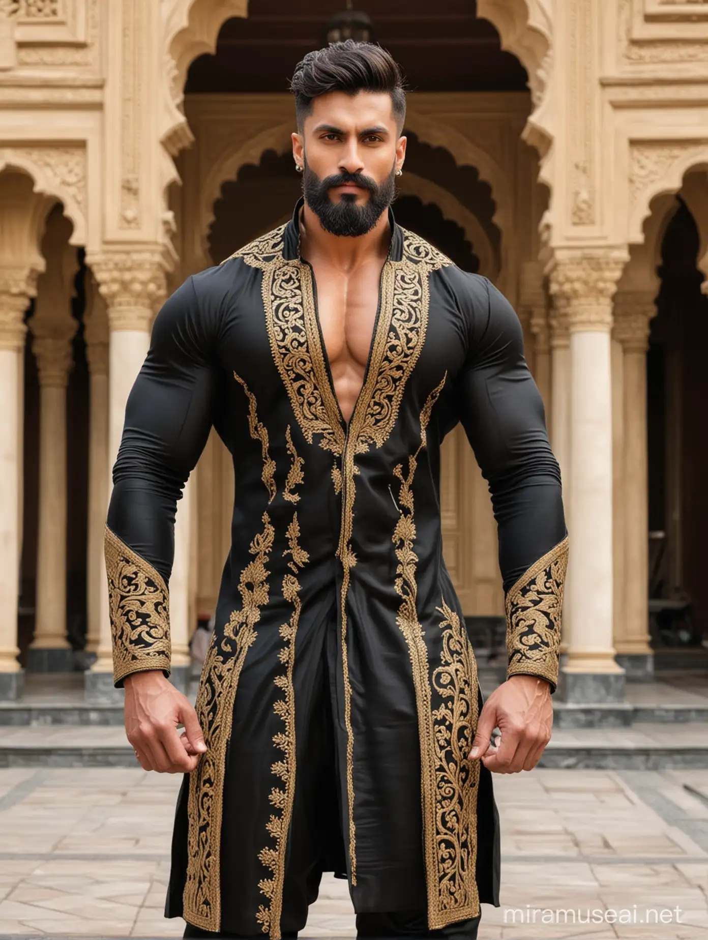 Tall and handsome bodybuilder men with beautiful hairstyle and beard with big wide shoulder and chest in black and golden sherwani and standing outside palace and showing his biceps