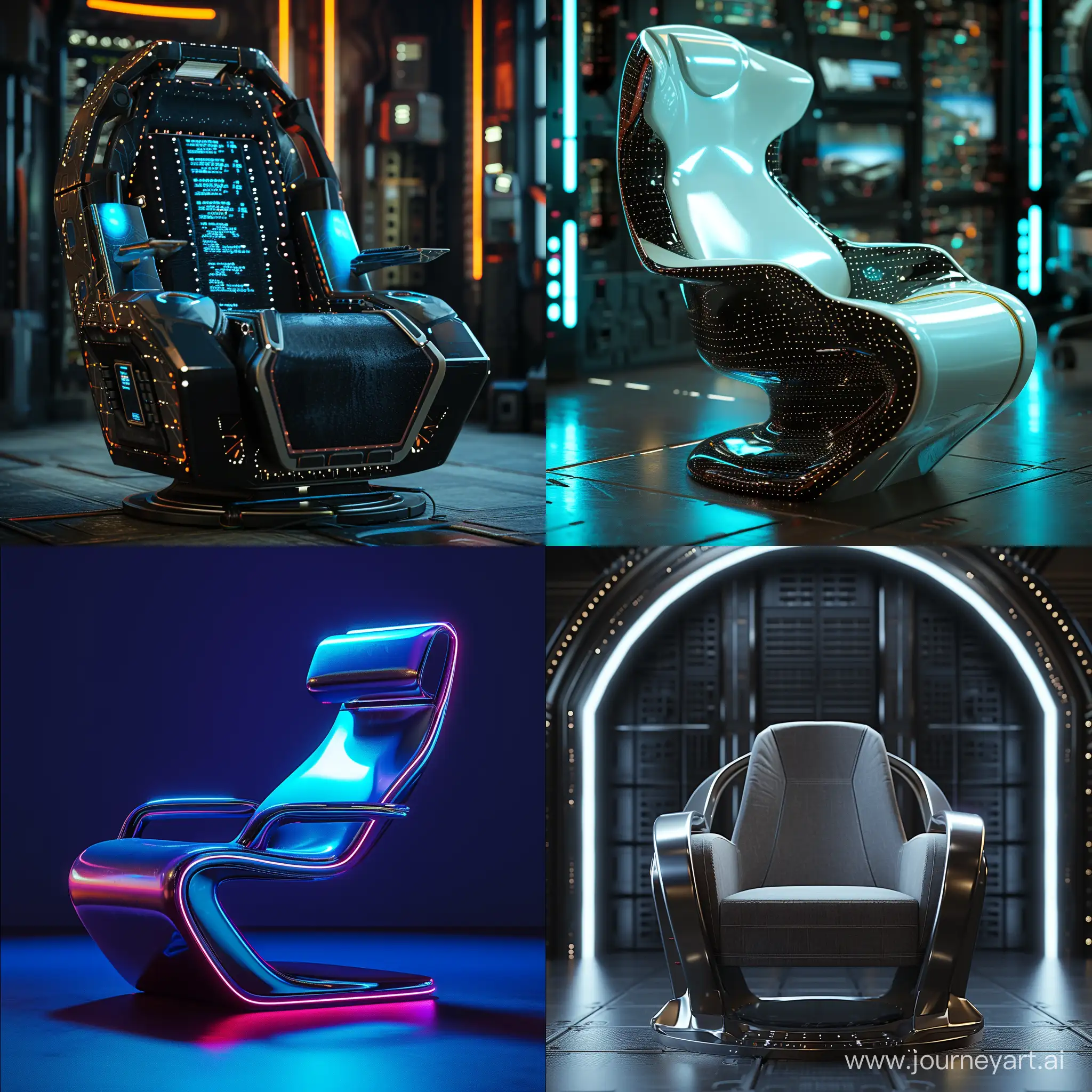 Futuristic chair, in cinematic futuristic cybernetic style, in cinematic futuristic cyber style