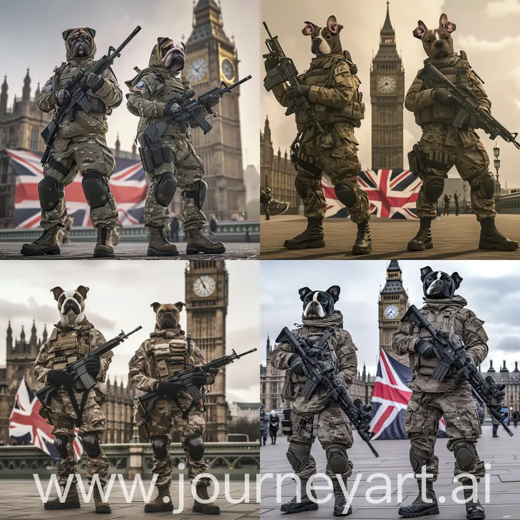two soldiers are in modern British military uniforms and boots, they have cute bulldogs heads and hands, with black Sa-80 assault rifles in their hands, they stand far before the entire Big Ben, there is an UK flag behind