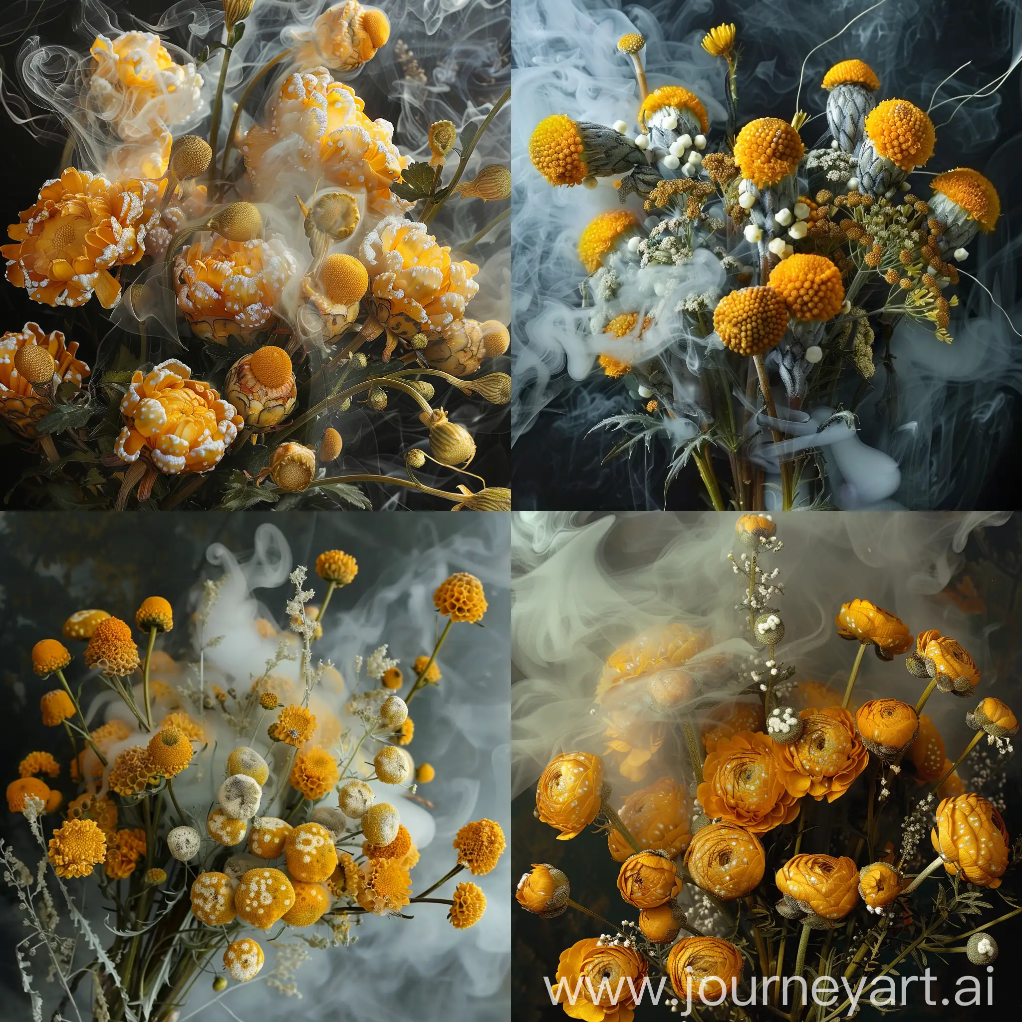 Vibrant-YellowHeaded-Flowers-Bouquet-in-Ethereal-Smoke-with-White-Speckles