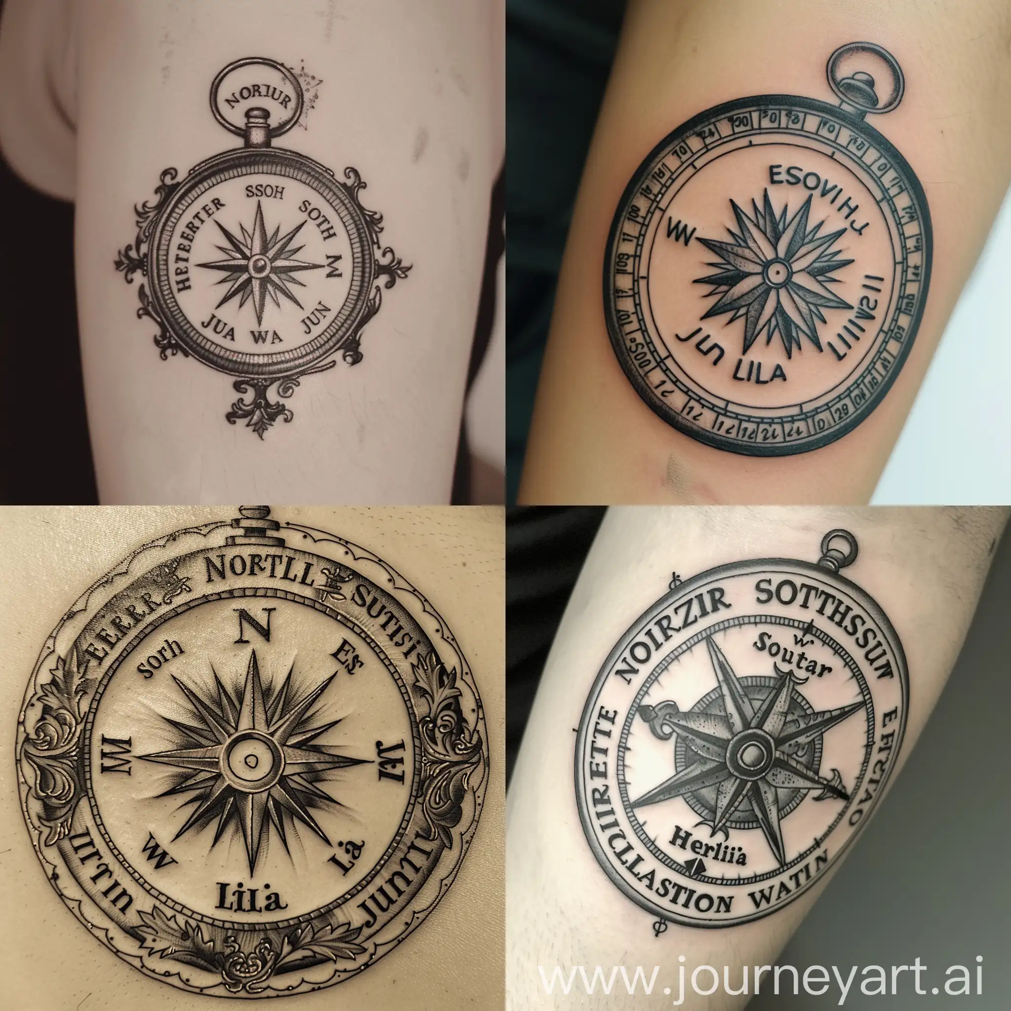 "Design a 10-centimeter diameter tattoo of a compass in black and grey ink. Instead of the cardinal directions (north, south, east, west), incorporate the names Esther, Hercilia, Juan, and Lila. Be creative with the placement and design of the names within the compass."