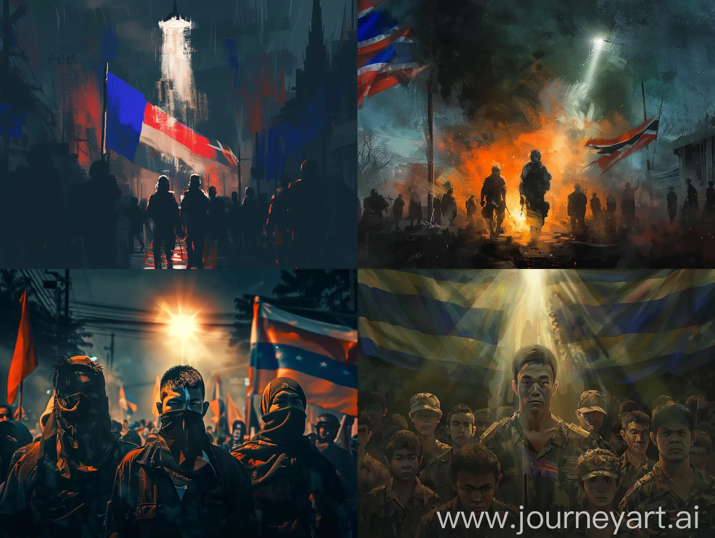 thailand protest in 2022.have 2 people in center that look exactly like IVAN THE TERRIBLE AND HIS SON BY ILYA REPIN.have spot light.thai flag

