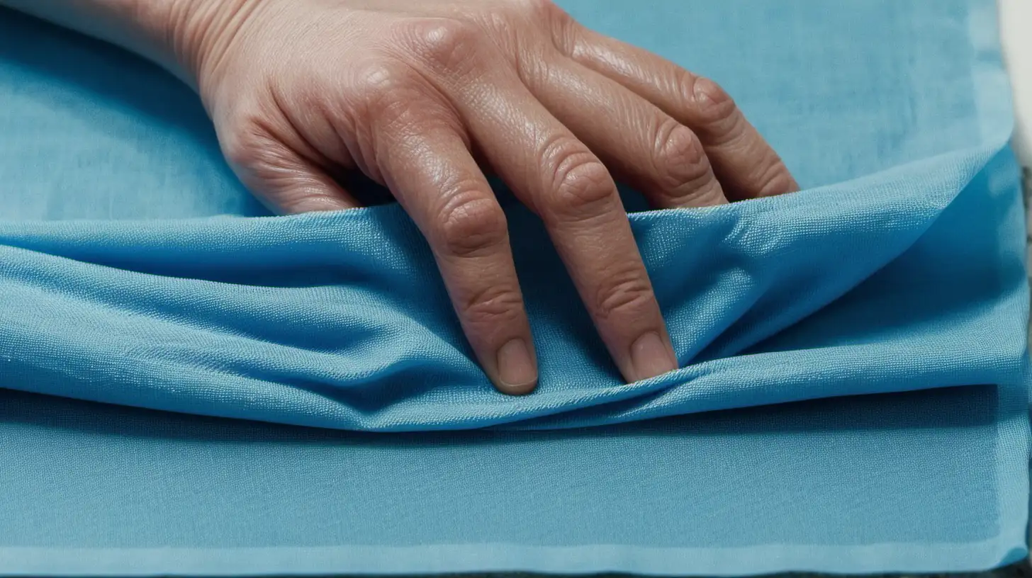 close-up image of a hand on blue cleaning cloth. 