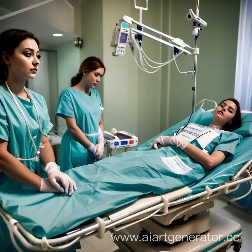 junge frauen in patientenhemd liegen in krankenhaus  auf trage an medizinische geräte angeschlossen warten auf operation