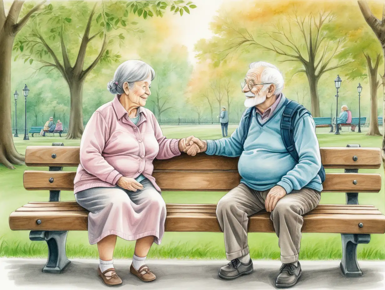 Two elderly people are sitting together on a bench in a park. I am a male and a female. The two elderly people are sitting close together, holding hands and looking at each other with a calm smile. The style of the picture should be similar to the drawing of a fairy tale that stimulates the imagination, in the style of Waldorf education