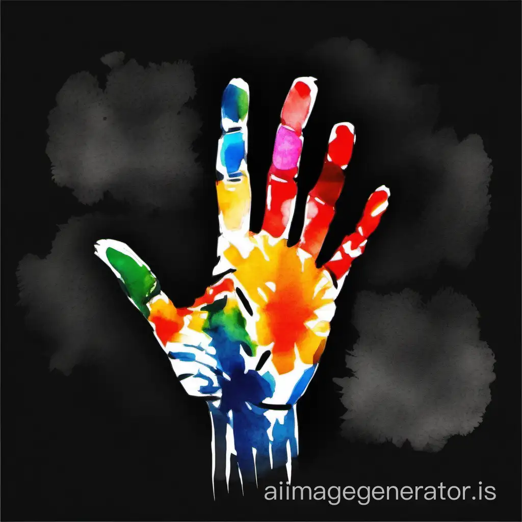 Abstract hand palm print, sumi-e japanese watercolor, color splash style, multicolor palette, black background 