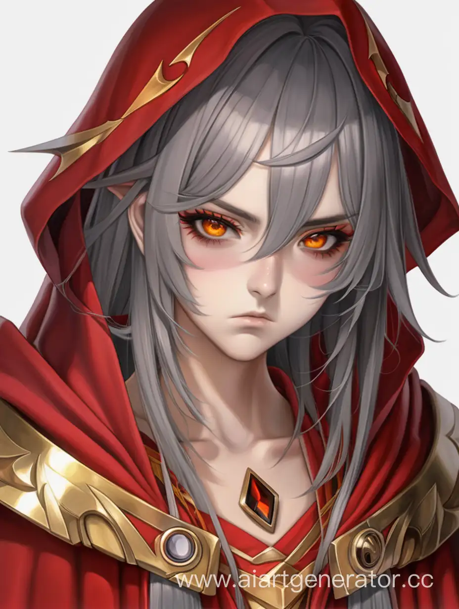 supreme-calamitas, serious expression, serious mouth-closed, glowing amber eyes, piercing glowing amber eyes, anime eyeliner, anime character eyelashes, red and gold cloak, red and gold robe, scar on nose, grey skin, gray skin, skin-cracking on face, black pupil<lora:SCal:0.85>