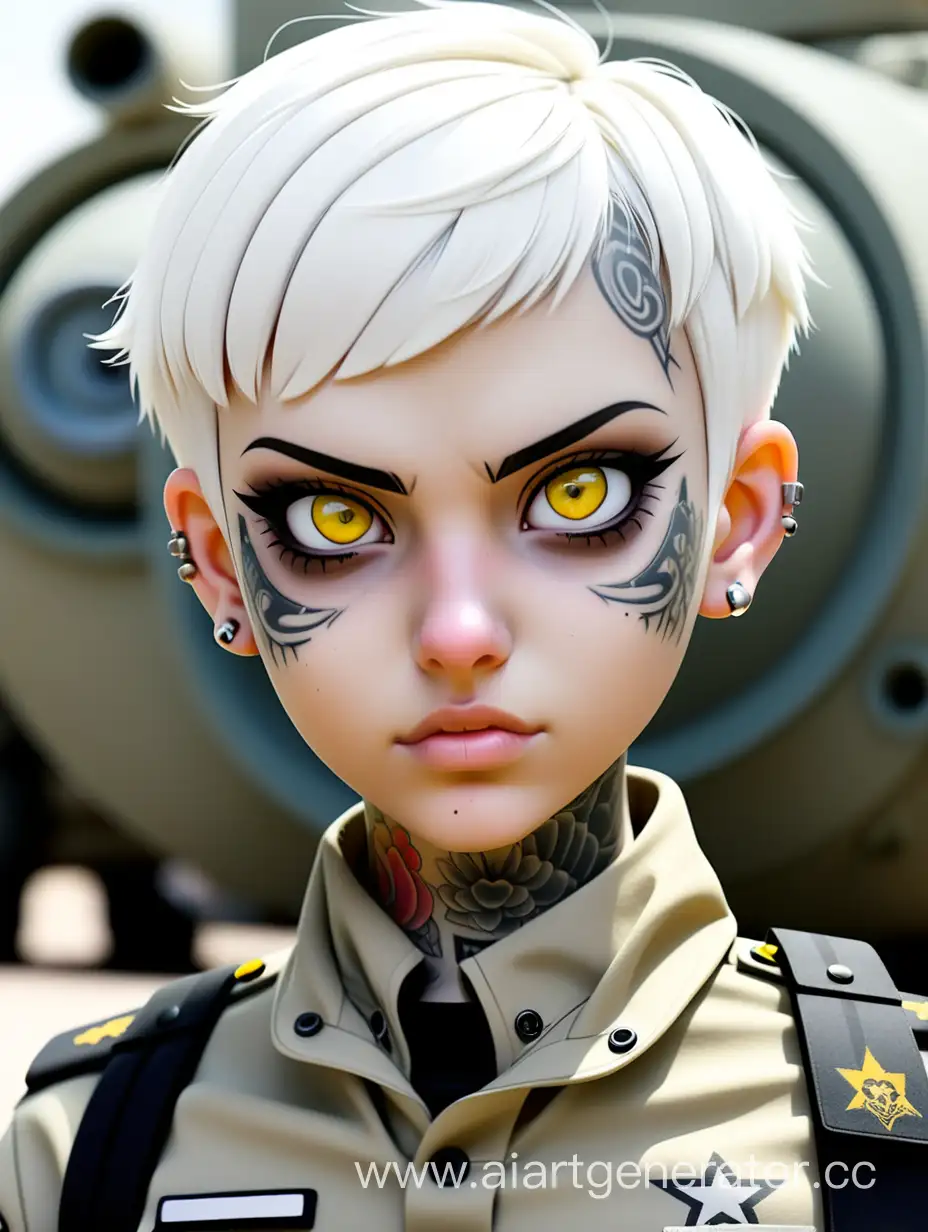 Девушка, белые короткие волосы, желтые глаза, пирсинг на лице, татуировки на теле военная униформа
