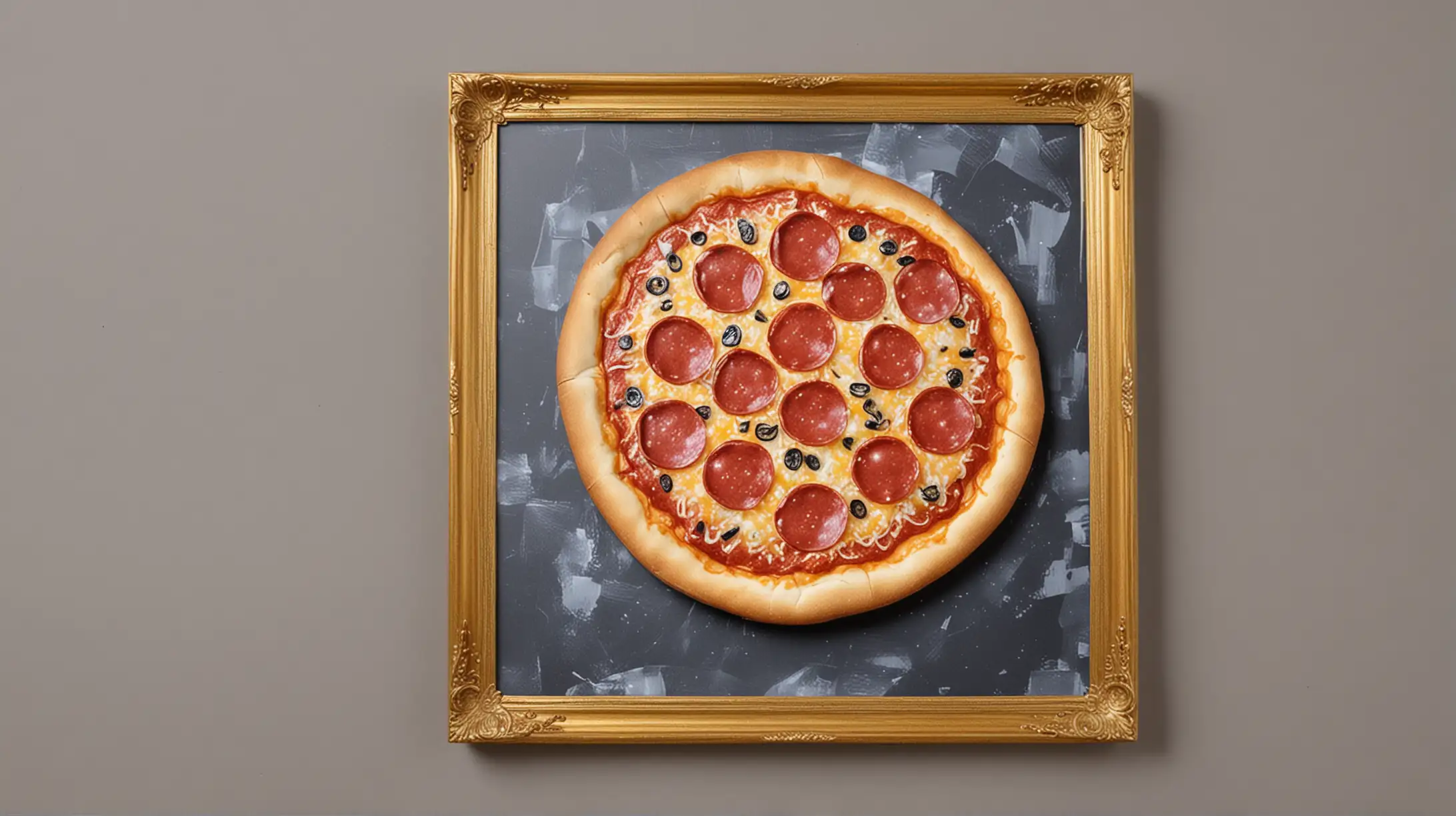 pizza pequeñita de peperoni en pintada en acrílico arte enmarcada marco oro
