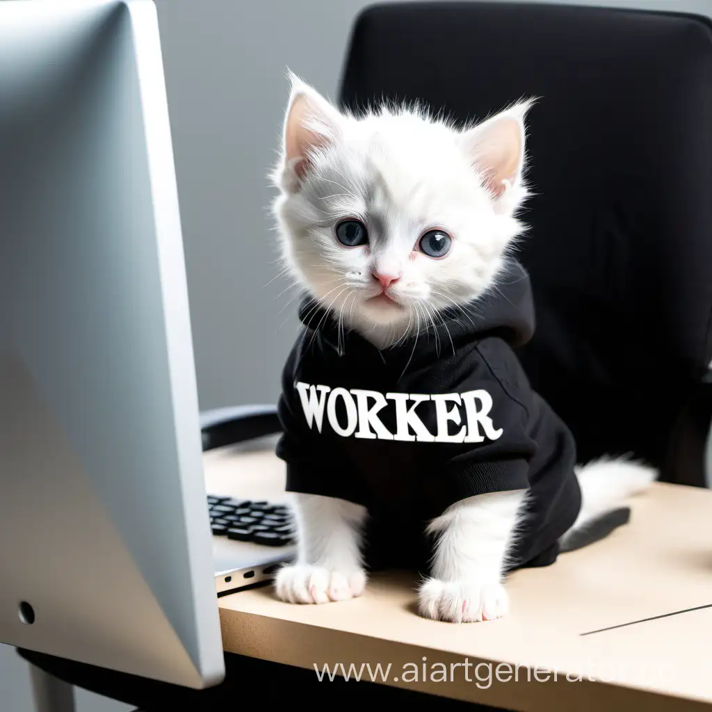 Adorable-White-Kitten-Working-Behind-Computer-in-Black-WORKER-Sweatshirt