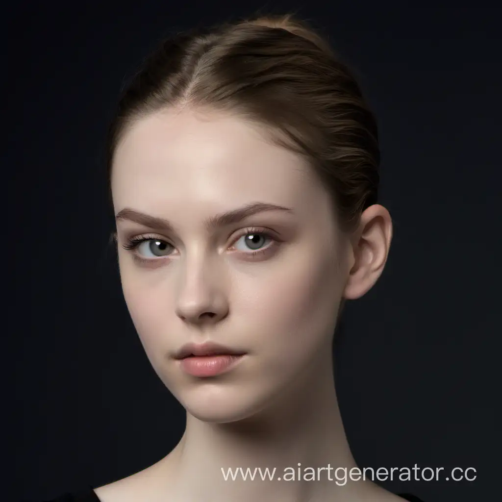 a 24 years old woman with a long face.. oval face, without prominent cheekbones. hard facial features. pale skin. light gray eyes. dark thin eyebrows. There is a piercing on the right eyebrow. her light brown hair is short, short hair gathered in a low ponytail. side parting. the ends of the hair are the color of cold blonde. She raised one eyebrow in thought. thin pale pink lips. upturned nose. on a dark background in classic clothes