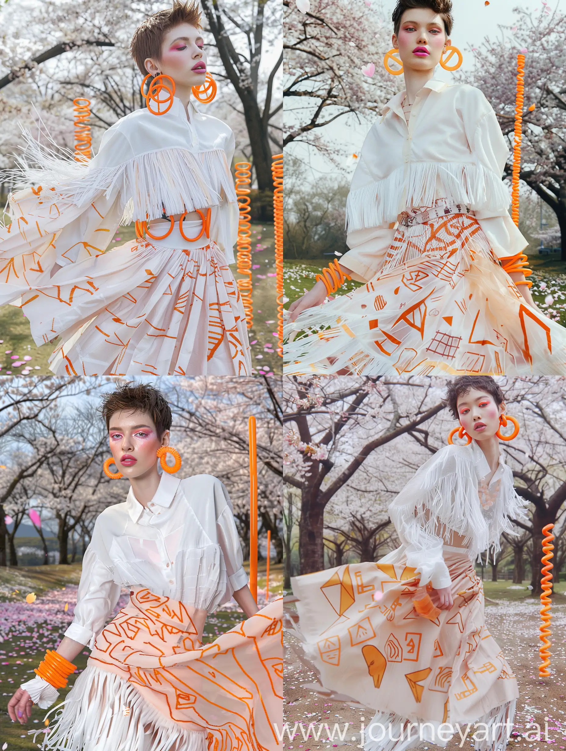 Fashion-Model-Strutting-in-Peach-Makeup-and-Geometric-Skirt-with-Cherry-Blossom-Background