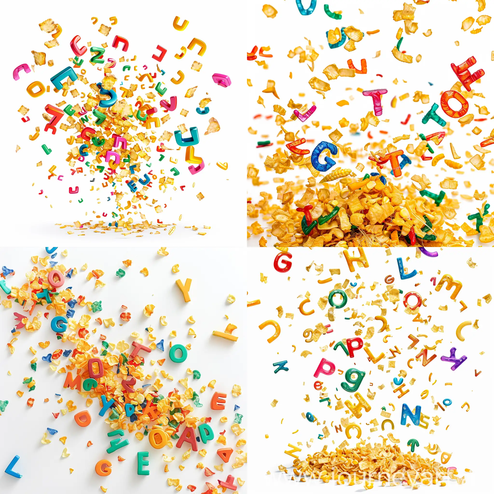 Colorful-Flying-Corn-Flakes-Letters-on-White-Background