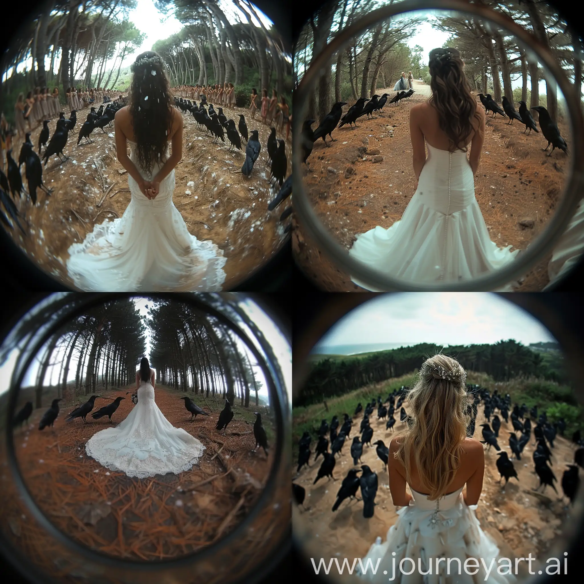 bride in the middle of the forest, crows, unusual view, 128k --sref https://s.mj.run/PWoUeoFu2Qk --stylize 750 --v 6