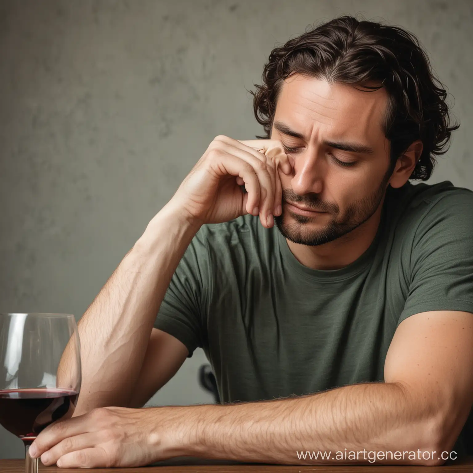 Мужчина сидит боком, пьет вино, упирается рукой в голову и грустит из-за женщины