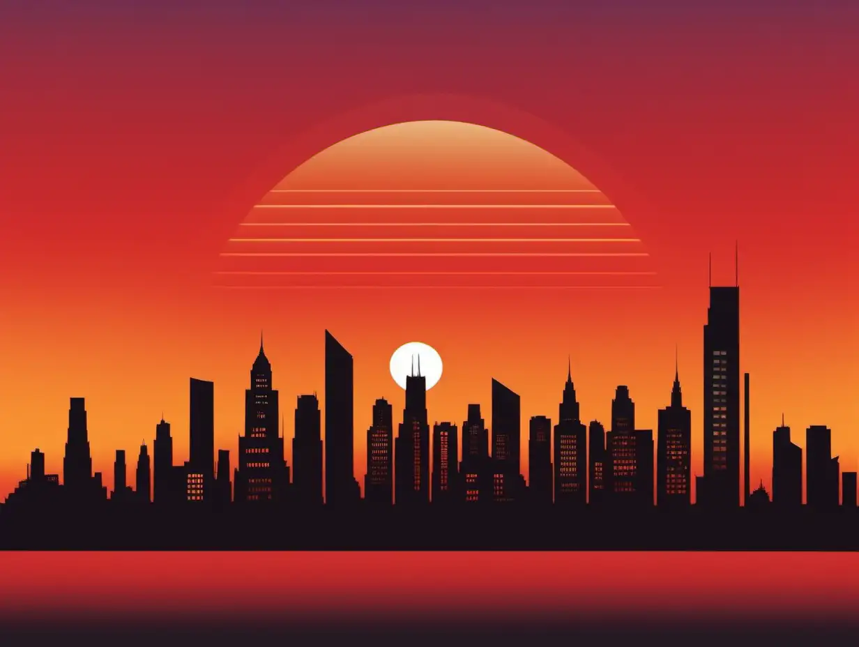 a minimalist and elegant design featuring a silhouette of a city skyline at sunrise or sunset, in a gradient of warm colors like orange, yellow, and red to evoke a cozy feeling