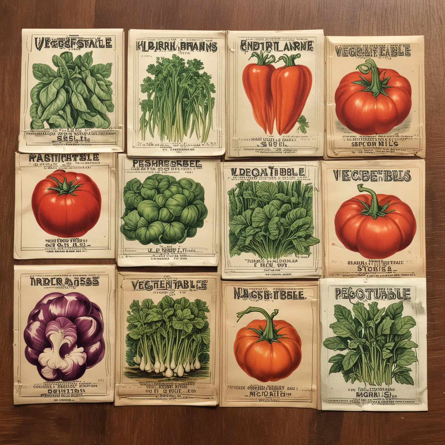 Vintage Vegetable Seed Packets Displayed on Wooden Shelves