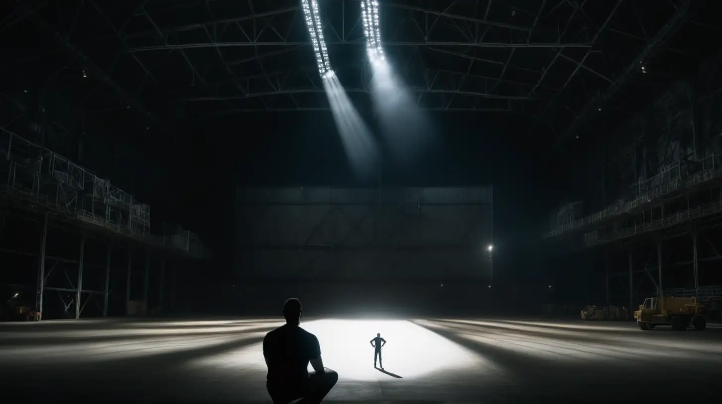 flopping down man watching spotlight above in dark gigantic hangar