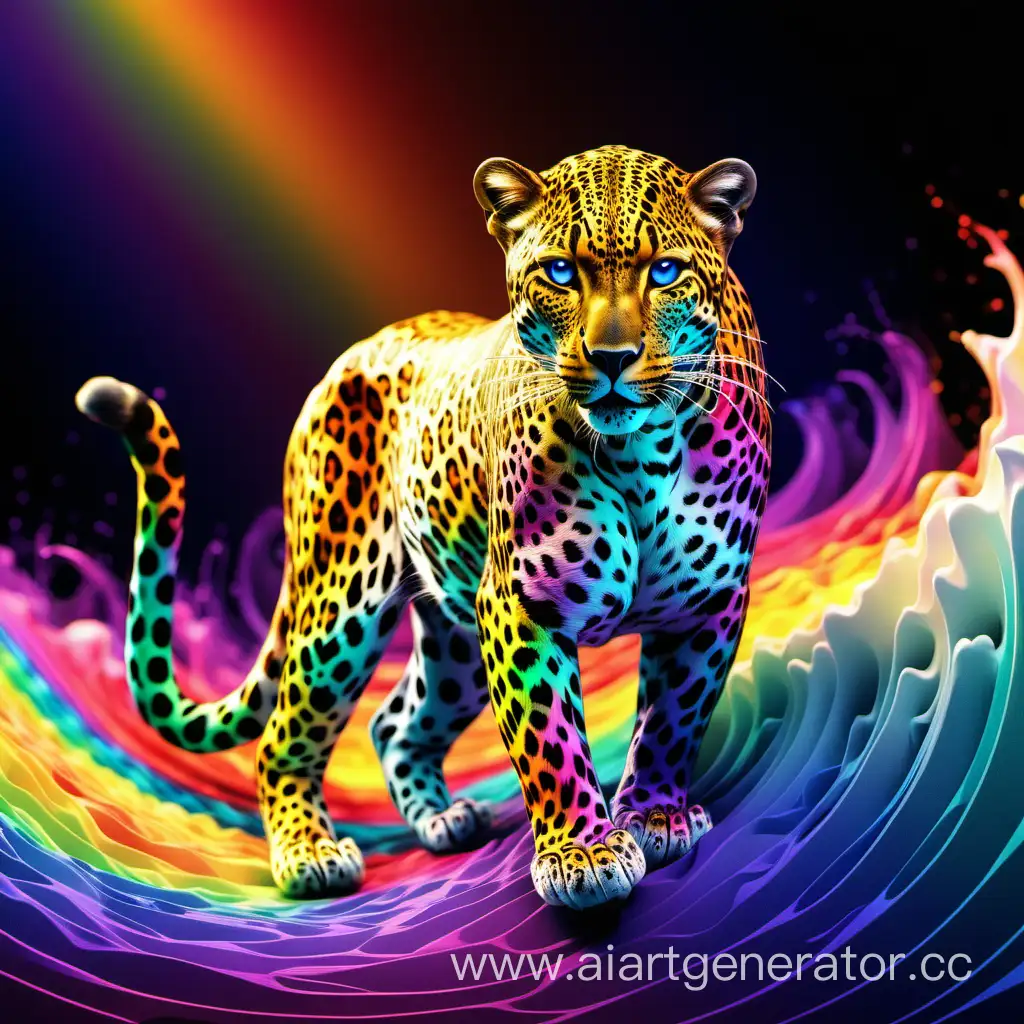 high quality, A beautifully designed leopard emerges, adorned with the vibrant hues of the electromagnetic spectrum, Its reflect the intricate patterns of electromagnetic wavelengths, showcasing a mesmerizing array of colors, From the soothing waves of radio frequencies to the visible splendor of light, and the ethereal realms of infrared and ultraviolet, the leopard embodies the entire spectrum, The interplay of these waves creates a fantastical display, as the leopard gracefully combines and blends the diverse colors of interference waves, The result is a breathtaking masterpiece, where the majestic leopard becomes a living embodiment of the electromagnetic spectrum, by yukisakura, high detailed,