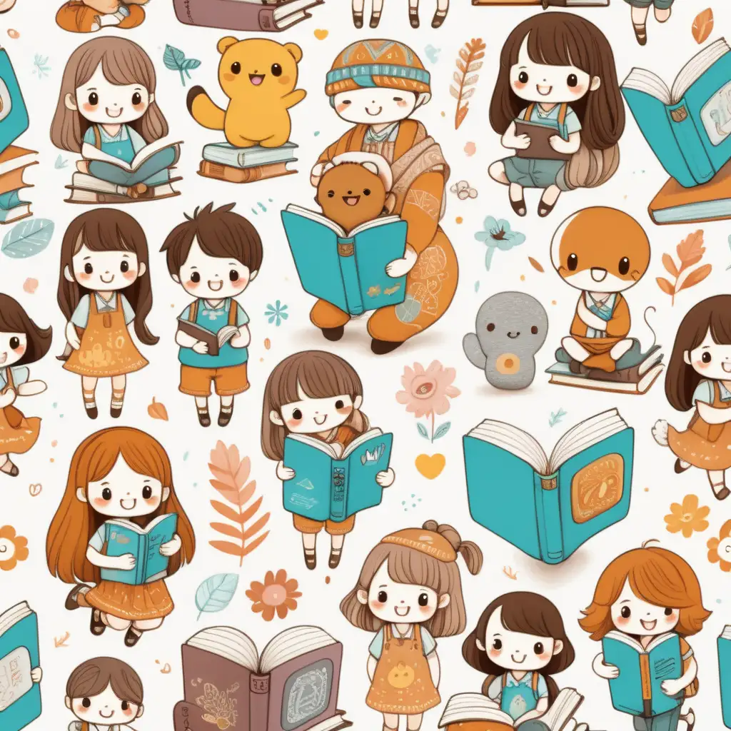 Cheerful Kawaii School Characters Reading Together in Boho Colours