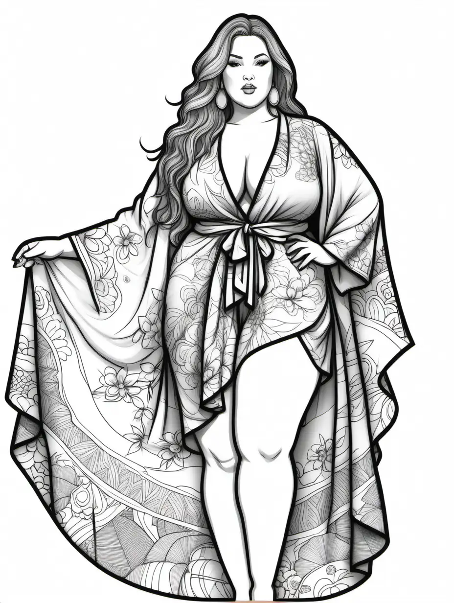 create a tall coloring paper of a plus size curvy bohemian beauty, with printed kimono, with black outlines, no shading, no grayscale
