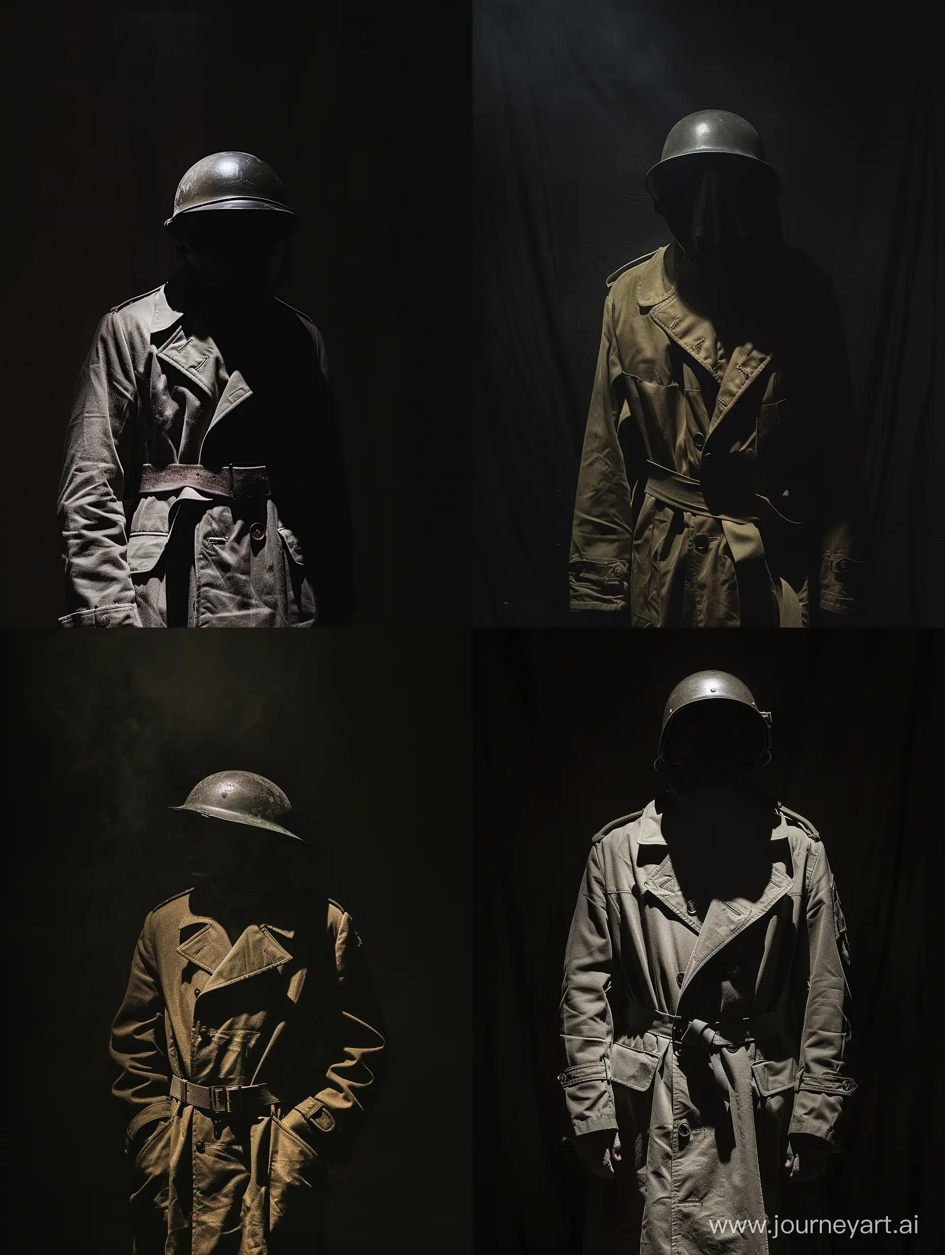 an extra dramatic photograph of a World War 1 British Soldier wearing a trench coat in a pitch black room with a stage light on him, shadow from his British helmet hiding his face