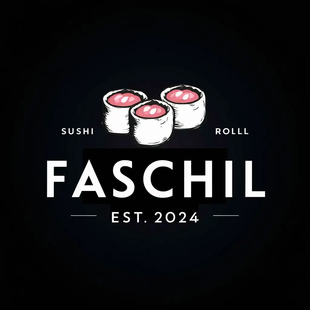 logo, sushi rolls, with the text "FasChil, EST 2024", no other words