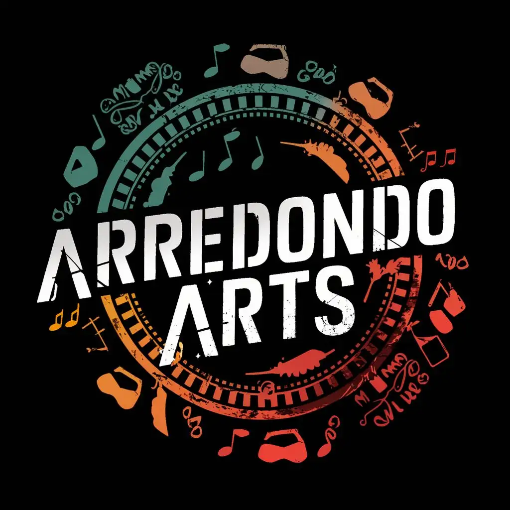logo, A striking artwork logo with the words "Arredondo Arts" in the Mexican flag's colors, encircled by artist palettes, musical notes, and cinematic reels, with the text "Arredondo Arts", typography, be used in Entertainment industry