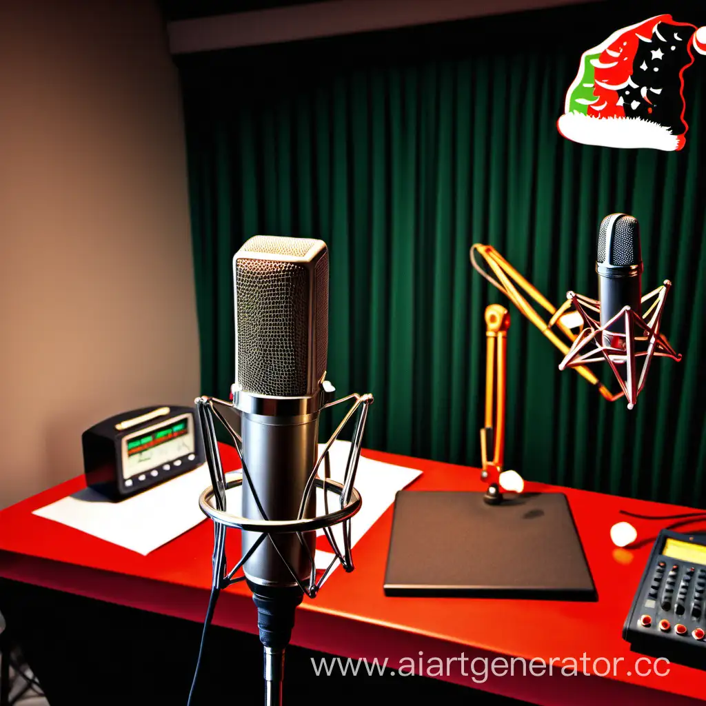 Студия радиоведущего  со студийным микрофоном и держателем украшенная на рождество 
