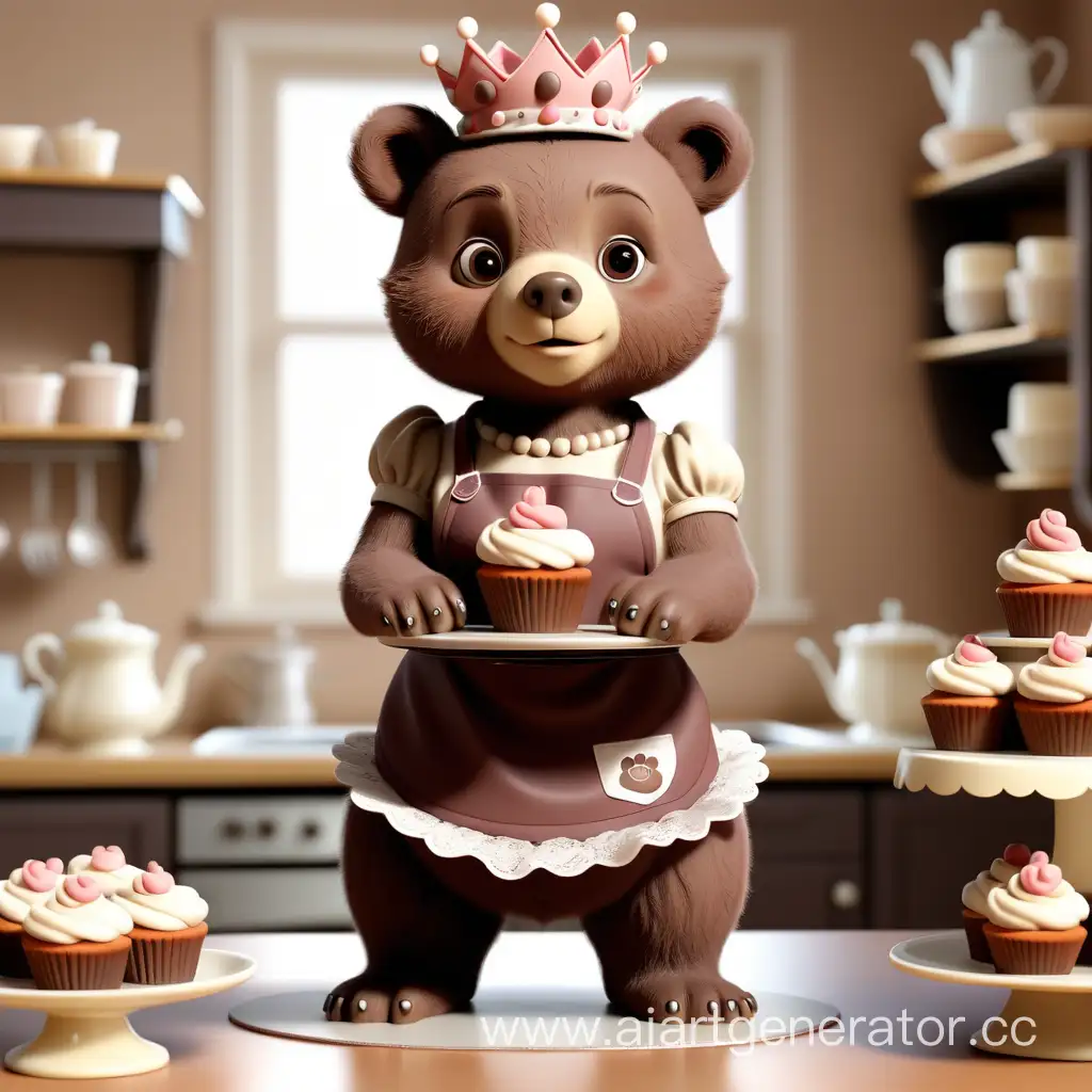 Медведица шоколадного цвета стоит в красивом фартуке, на голове сдвинута набок маленькая корона в виде капкейка, в лапах она держит 2 ярусный торт. Прямо перед ней стоит медвежонок и смотрит на торт Медведи смотрим прямо на нас Фон картинки светло-коричневый