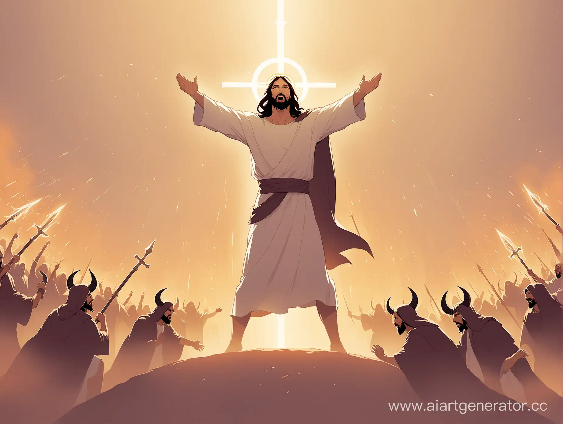Epic-Minimalist-Depiction-of-Jesus-Christ-in-Battle-Against-Unbelievers-and-Demons